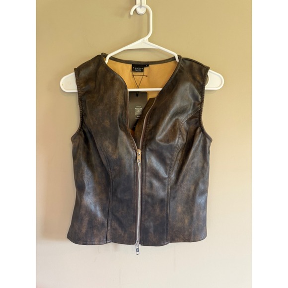 Sumwon Jackets & Blazers - Sumwon Brown Distressed Faux Leather Vest Two-Way Zip Sleeveless Top Small NWT